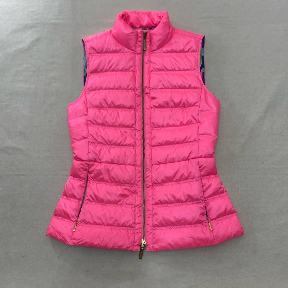 Lilly Pulitzer Down Fill Puffer Vest Women XS Pink Zip Up Jacket Casual Comfort